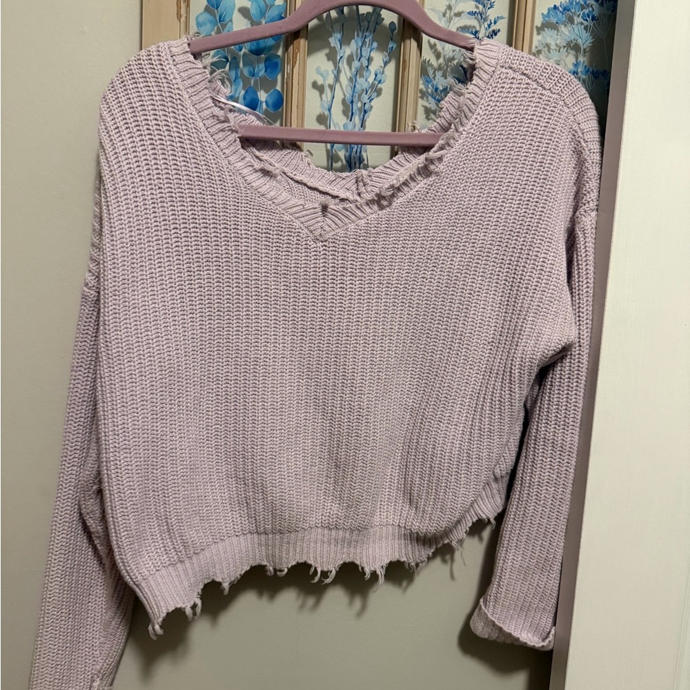 Jessica Simpson Lilac Distressed V-Neck Knit Sweater